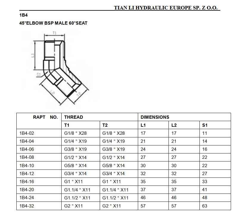 1B4 BSP male 60° cone seat 45° elbow adapter