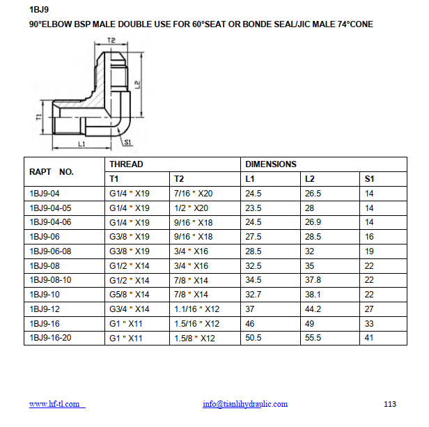 1BJ9 BSP male 60° cone seat JIC male 74° cone seat 90° elbow adapter
