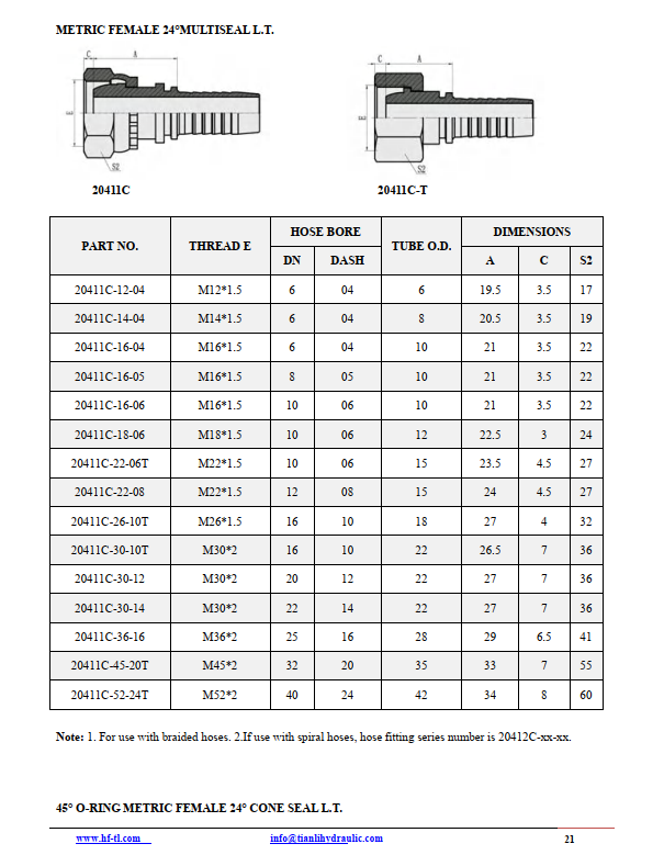 20411C Metric female 24° cone multiseal L.T stright