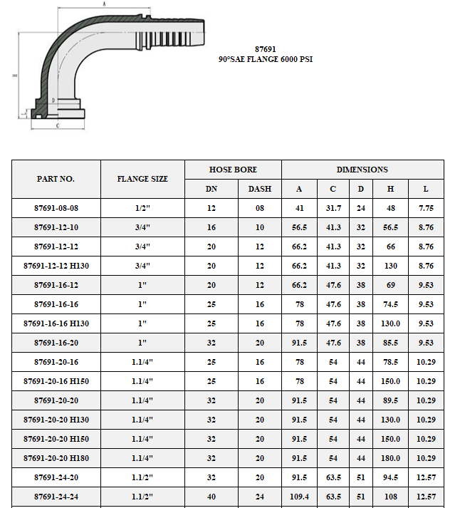 87692 H130 Extra long 130mm Code 62 6000 PSI flange 90° elbow with oring