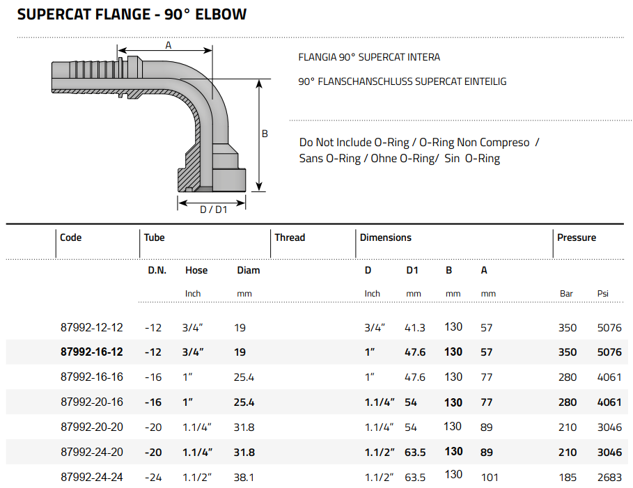 87992 Extra long 130mm Code 62 9000 PSI "Supercat " flange 90° elbow
