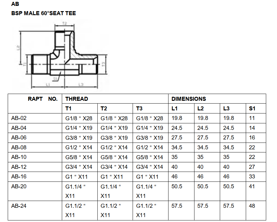 AB BSP male tee 60° cone seat adapter