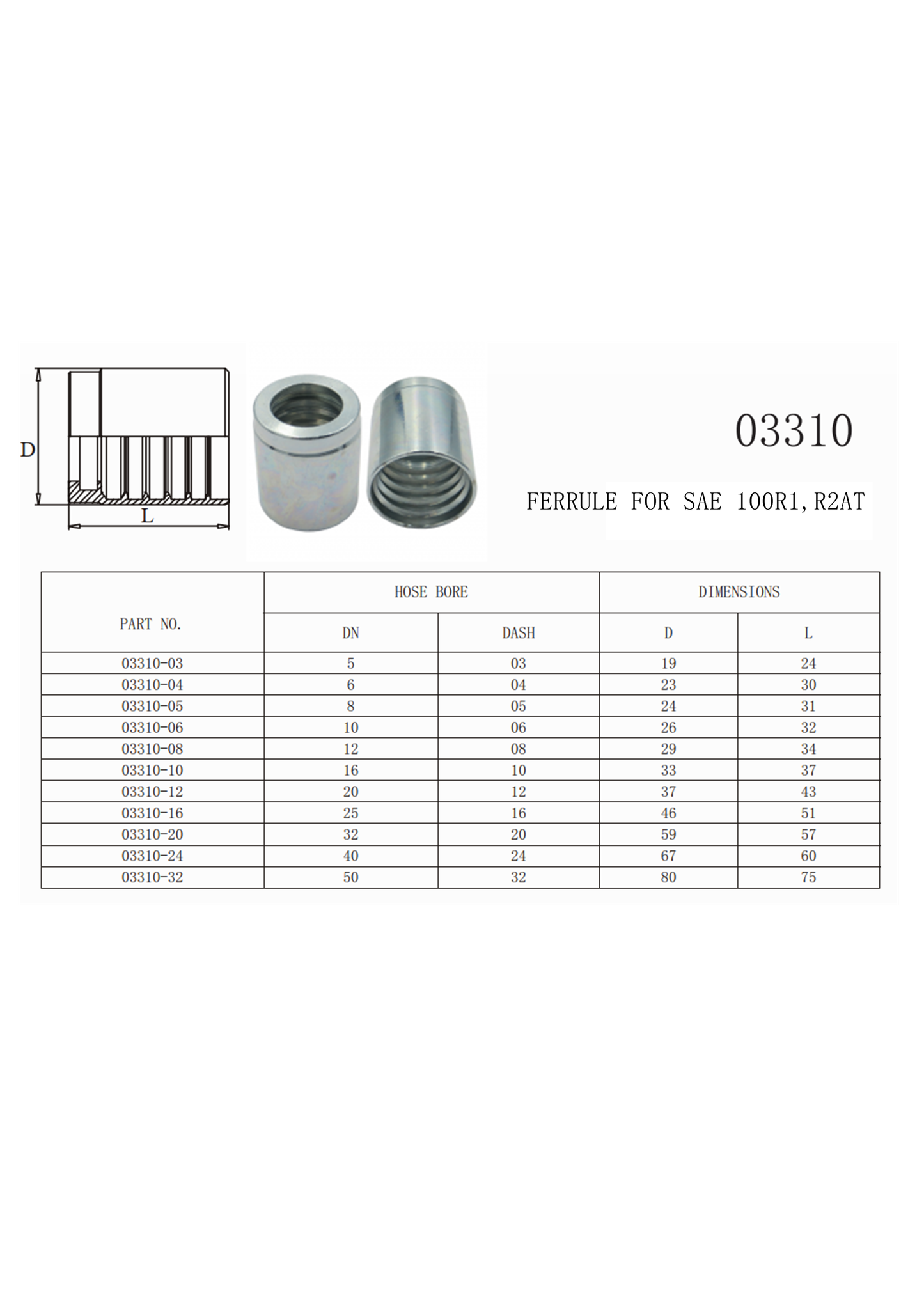 03310 Universal-Klemmhülse für SAE 100R1 R2AT/EN 853 Schläuche (einfache Umflechtung, doppelte Umflechtung), ohne Abisolierung