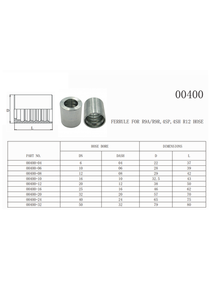 00400 Clamping sleeve dedicated to 4SP 4SH hoses (four-braid), with skiving
