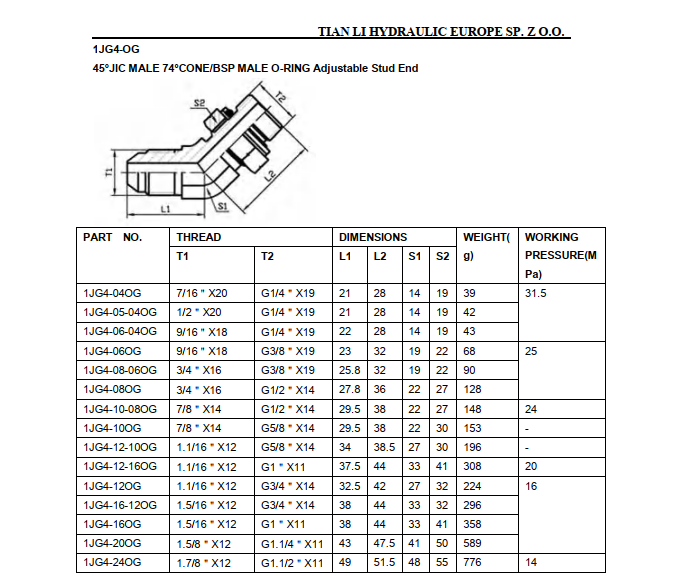 1JG4 45°JIC male 74°cone/BSP male o-ring adjustable stud end