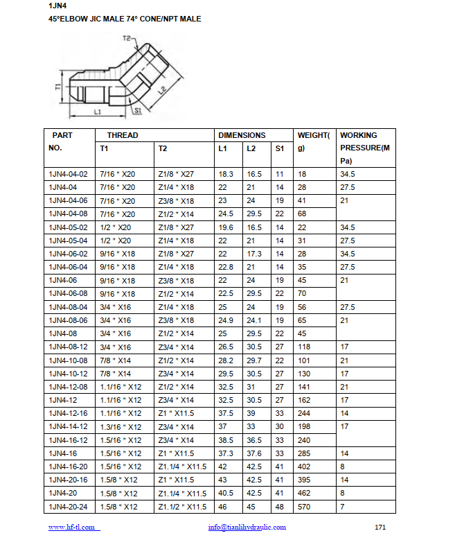 1JN4 Przylaczka kolankowa 45° JIC/NPT