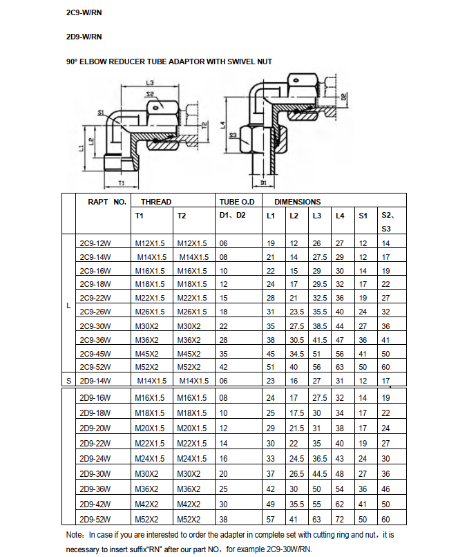 2D9 Metryczny zewnętrzno-wewnętrzny adapter kolankowy, seria S