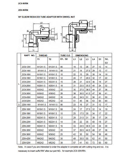 2D9 Metryczny zewnętrzno-wewnętrzny adapter kolankowy, seria S