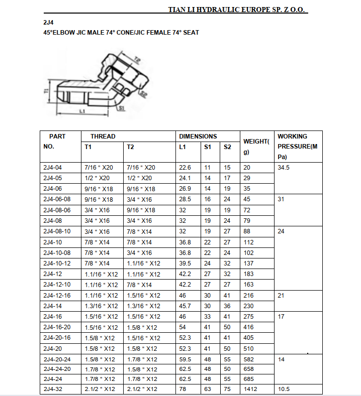 2J4 JIC 74° cone seat male female 45° elbow adapter