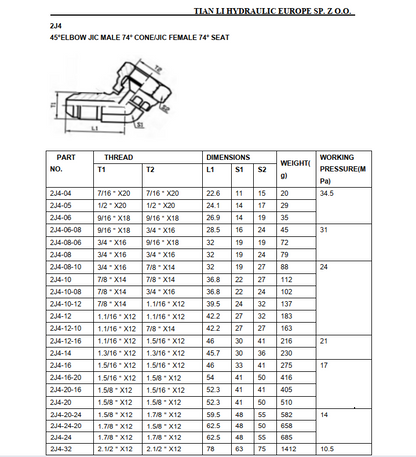 2J4 JIC 74° cone seat male female 45° elbow adapter