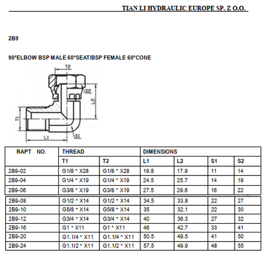 2B9 BSP 60° cone seat male female 90° elbow adapter