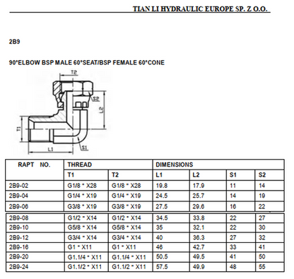 2B9 BSP 60° cone seat male female 90° elbow adapter