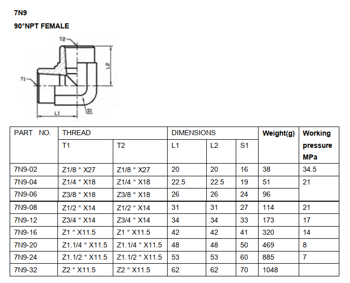 7N9 NPT female fixed elbow