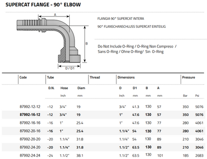87992 Extra long 130mm Code 62 9000 PSI "Supercat " flange 90° elbow