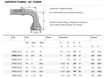 87992 Extra long 150mm Code 62 9000 PSI supercat flange 90° elbow