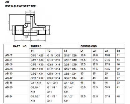 AB BSP male tee 60° cone seat adapter